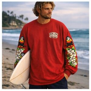 Ron Jon Red Long Sleeve Tee with Parrot Graphics